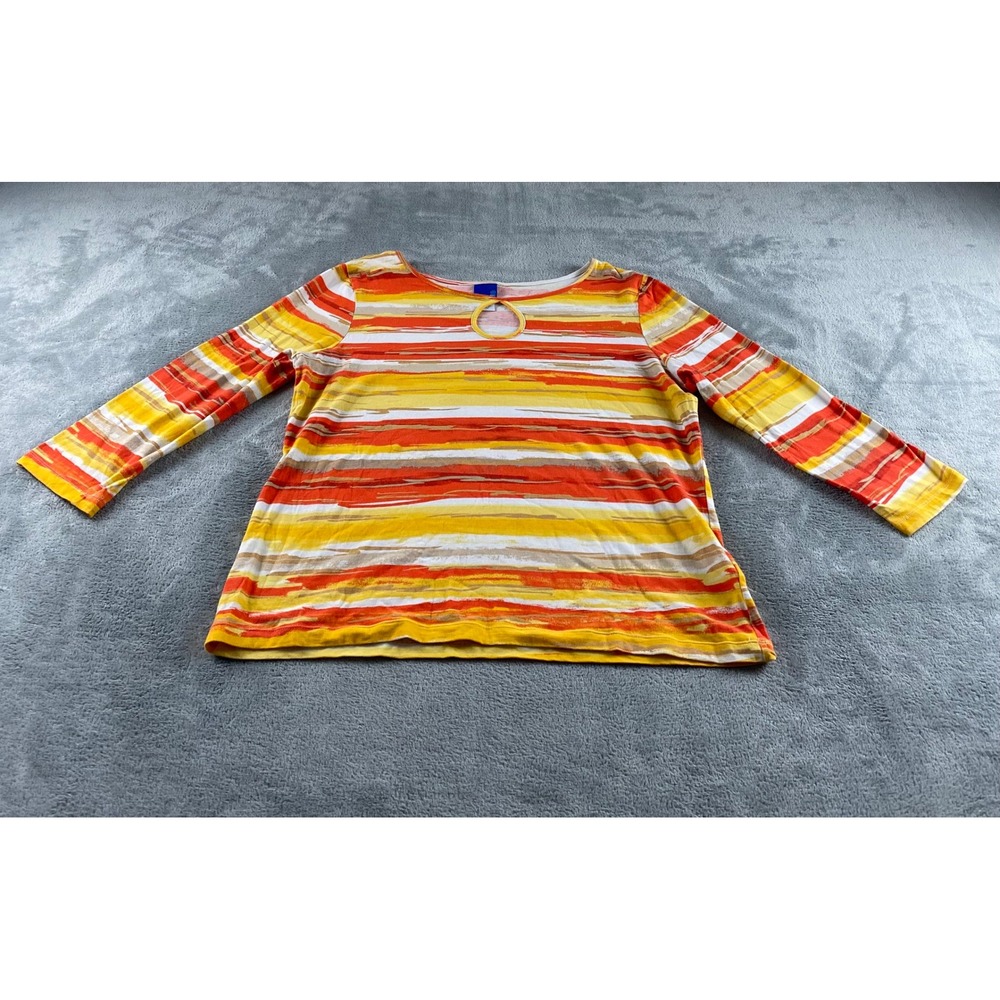 Sapphire Star Womens Large Orange Yellow Striped Keyhole 3/4 Sleeve Knit Top